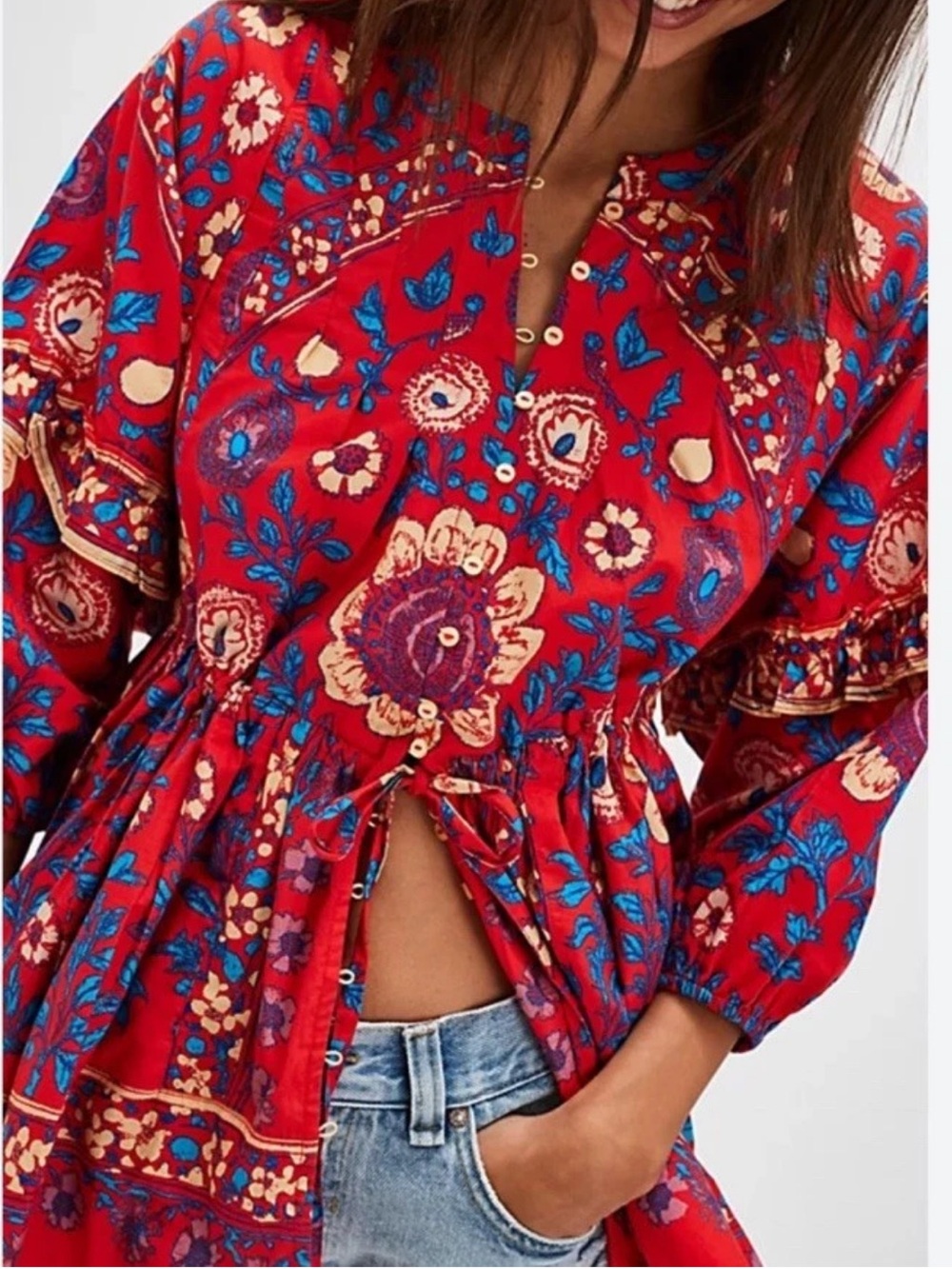 Free People Red Floral Button-Front Blouse